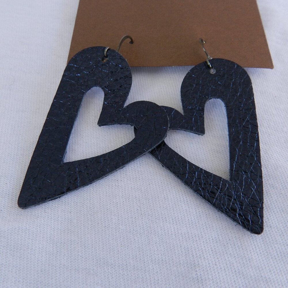 NEW Hand Crafted Textured Metallic Leather Heart Shape Drop Earrings, Navy Blue
